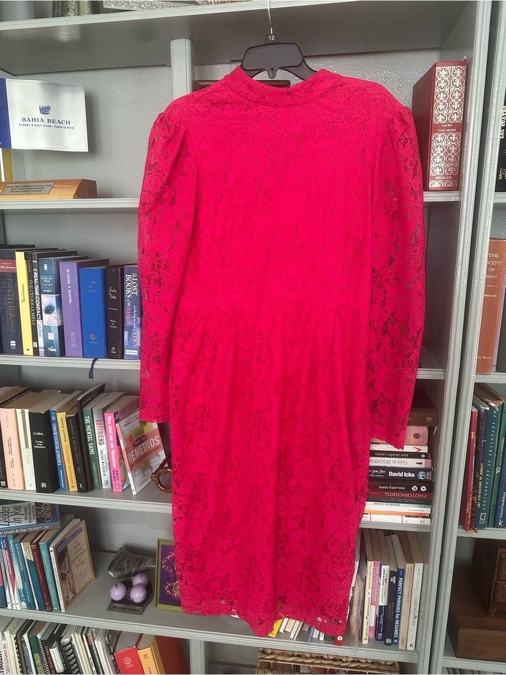 Maison Tara Hot Pink Lace Long-Sleeve Midi Dress